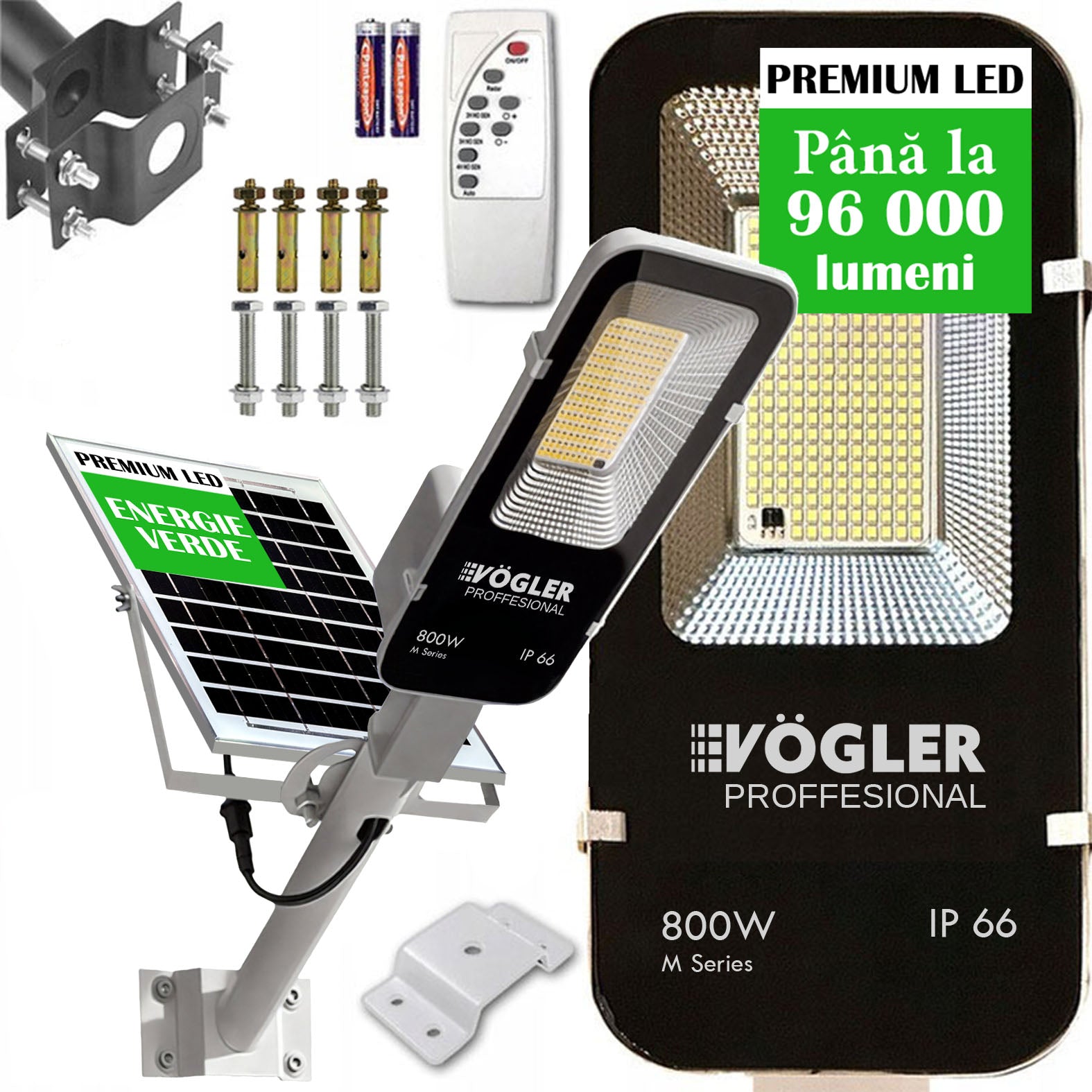 Lampă solară puternică, senzor crepuscular, telecomandă, Vögler Professional 800W