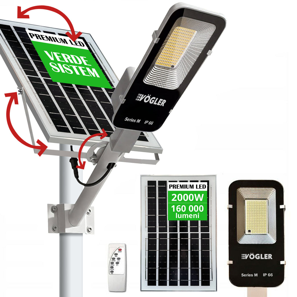 Lampă solară puternică, senzor crepuscular, telecomandă, Vögler Series M 2000W