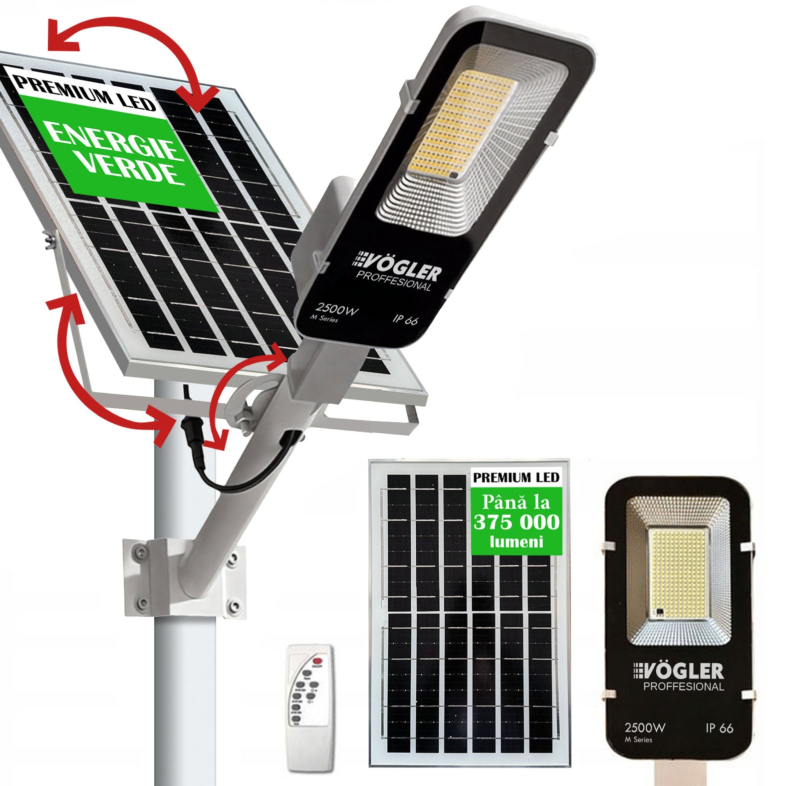Lampă solară puternică, senzor crepuscular, telecomandă, Vögler Professional 2500W