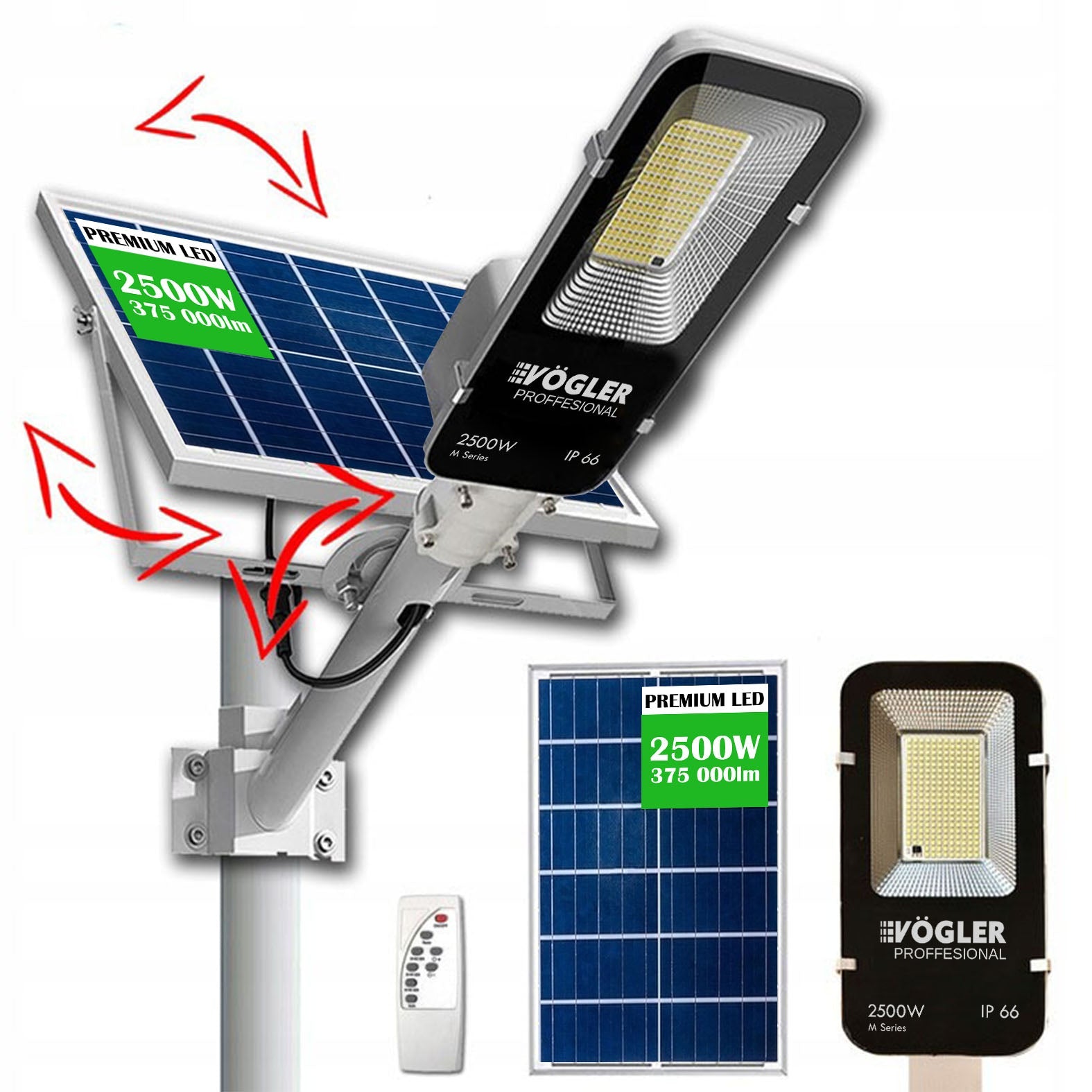 Lampă solară puternică, senzor crepuscular, telecomandă, Vögler Professional 2500W
